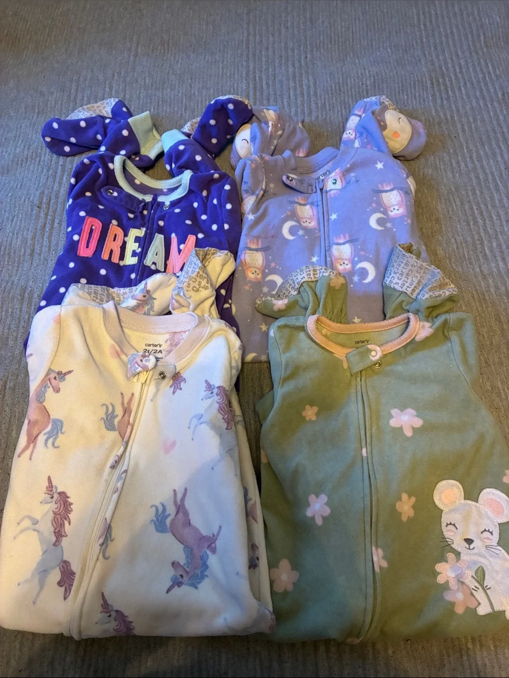 4Carter's Purple, Green & Cream Footed One-Piece Sleepers - Unicorn Moon Prints